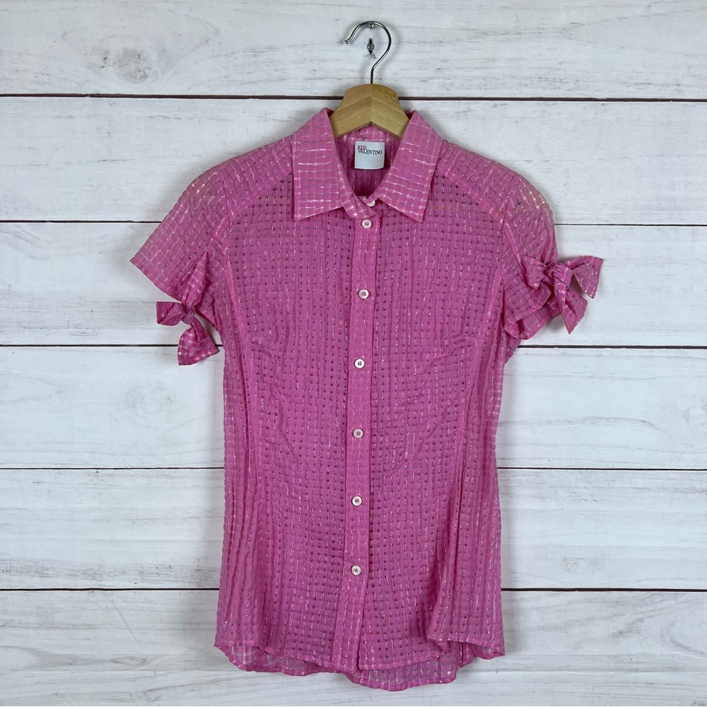 RED Valentino Pink Short-Sleeve Button-Up Blouse with Sleeve Ties